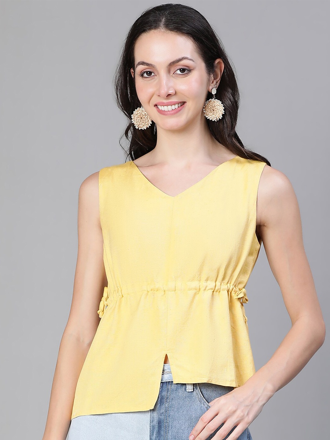

Oxolloxo V-Neck Tie-Up Detail Cotton Linen Top, Yellow