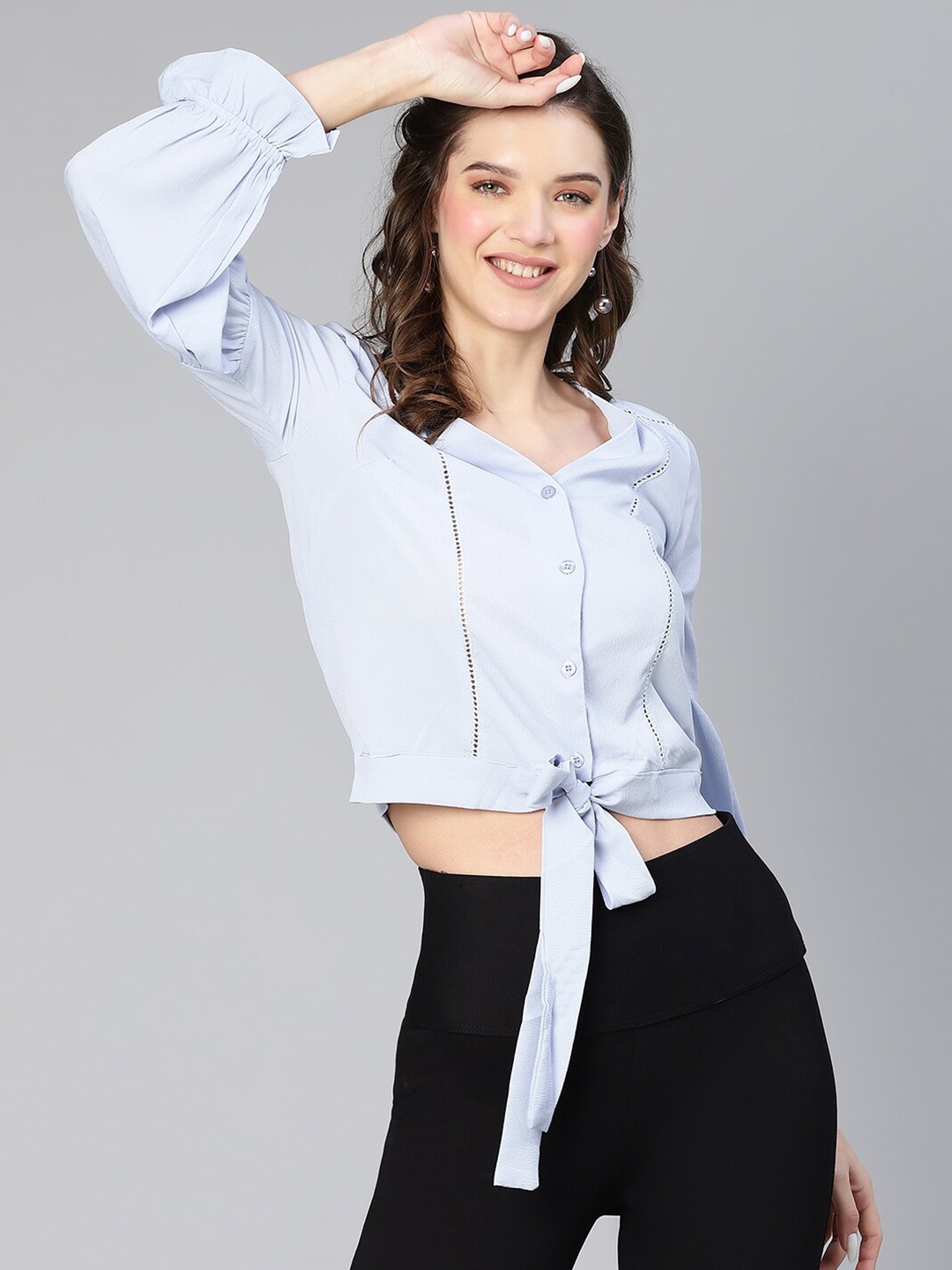 

Oxolloxo V-Neck Waist Tie-Ups Shirt Style Crop Top, Blue