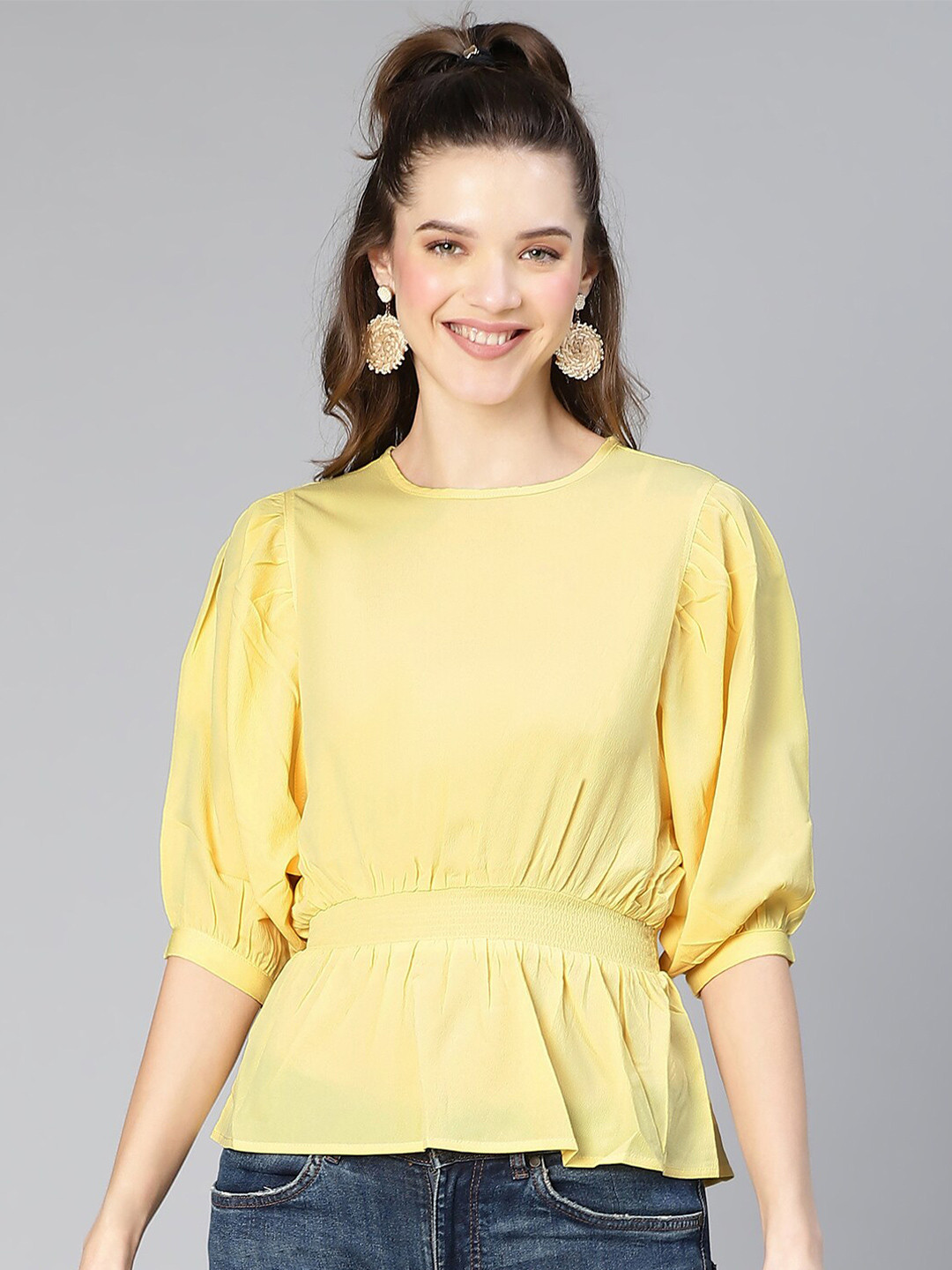 

Oxolloxo Smocked Puff Sleeves Cinched Waist Top, Yellow