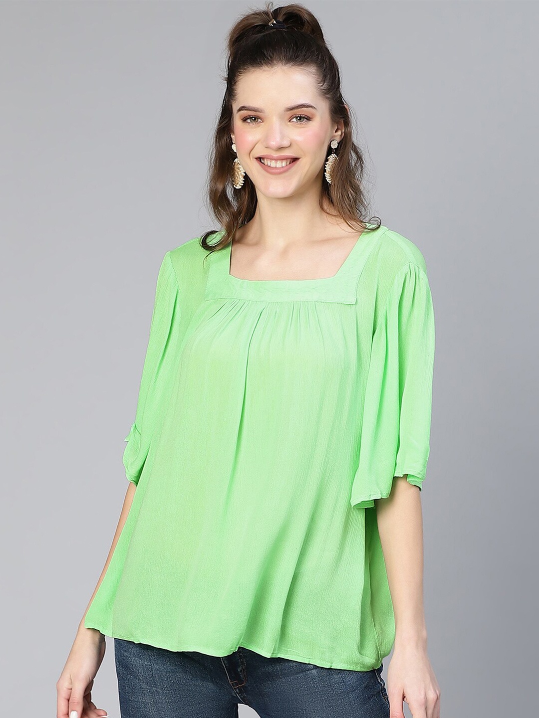 

Oxolloxo Solid Square Neck Flared Sleeves A-Line Top, Green