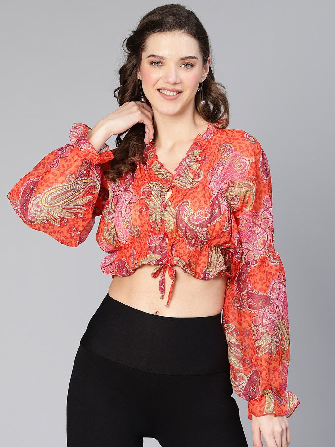 

Oxolloxo Printed V-Neck Puff Sleeve Chiffon Tie-Knotted Blouson Crop Top, Orange