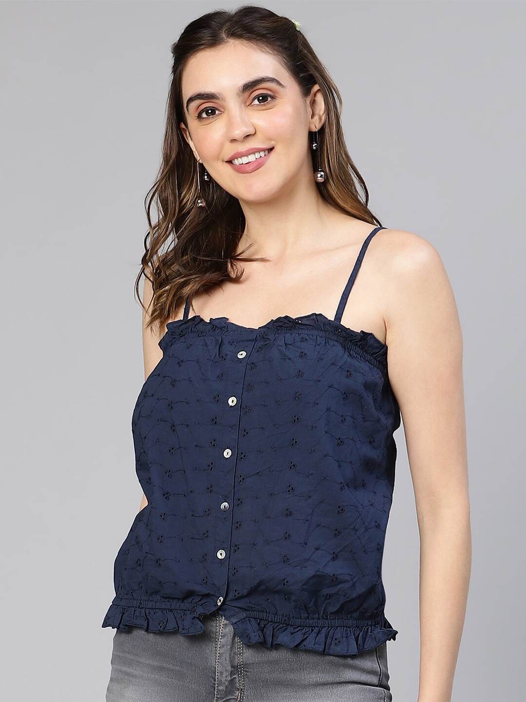 

Oxolloxo Cotton Shoulder Straps Schiffli Top, Navy blue