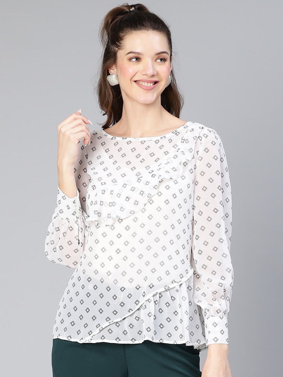 

Oxolloxo Printed Ruffle Detail Regular Top, White