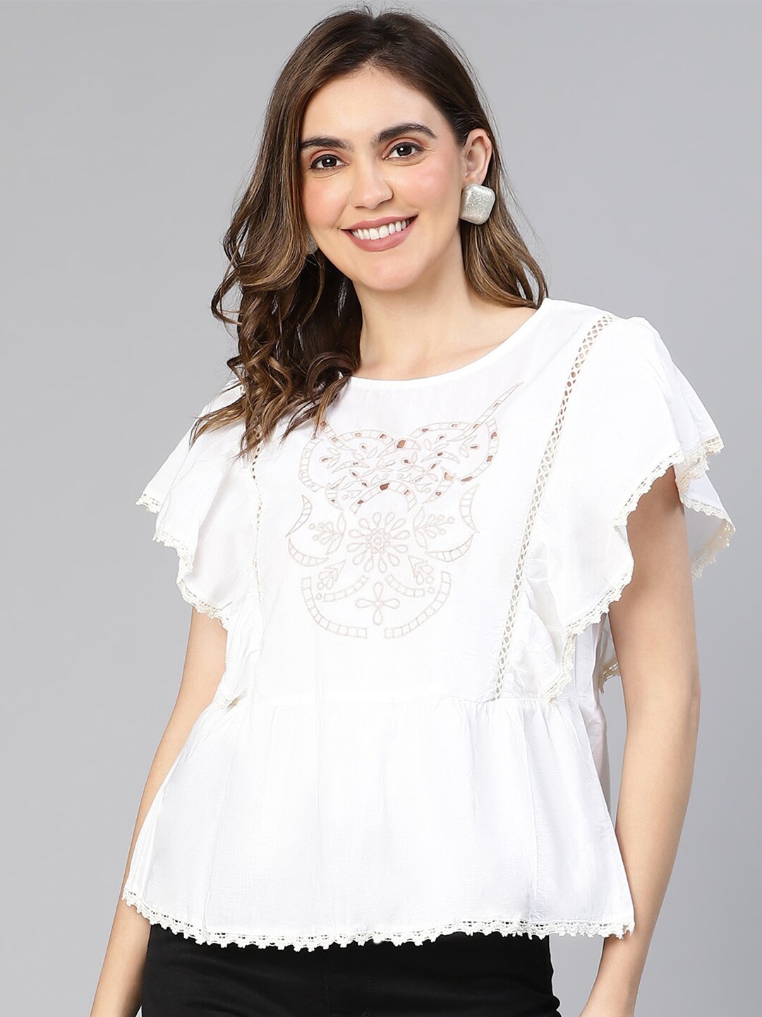 

Oxolloxo Embriodered Flutter Sleeves Ruffles Cotton Peplum Top, White