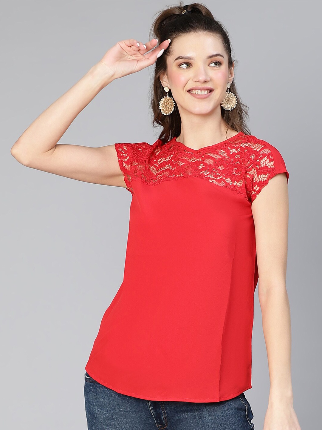

Oxolloxo Round Neck Extended Sleeves Laced Up Regular Top, Red