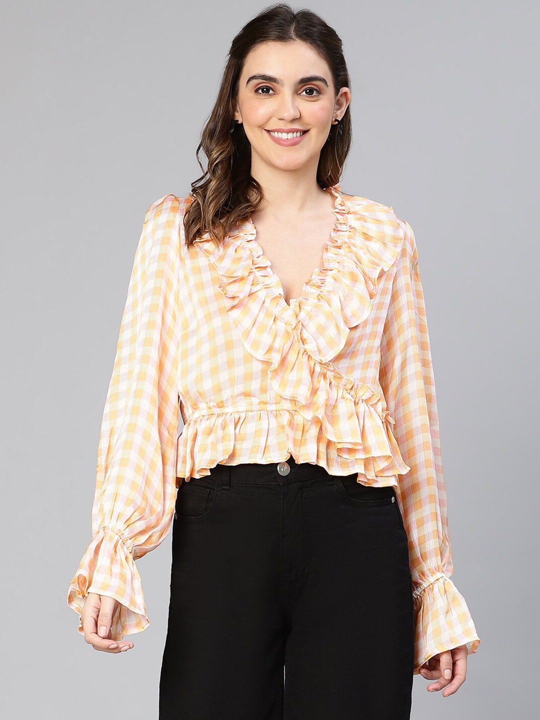 

Oxolloxo Checked Ruffles Detail Regular Top, Orange