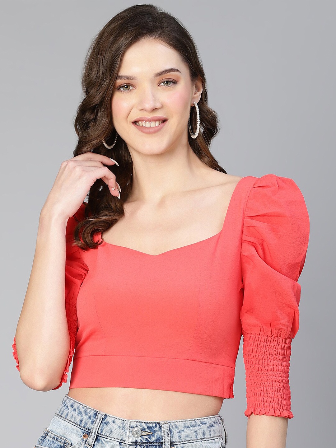 Oxolloxo Puff Sleeves Sweetheart Neck Crop Top, Coral