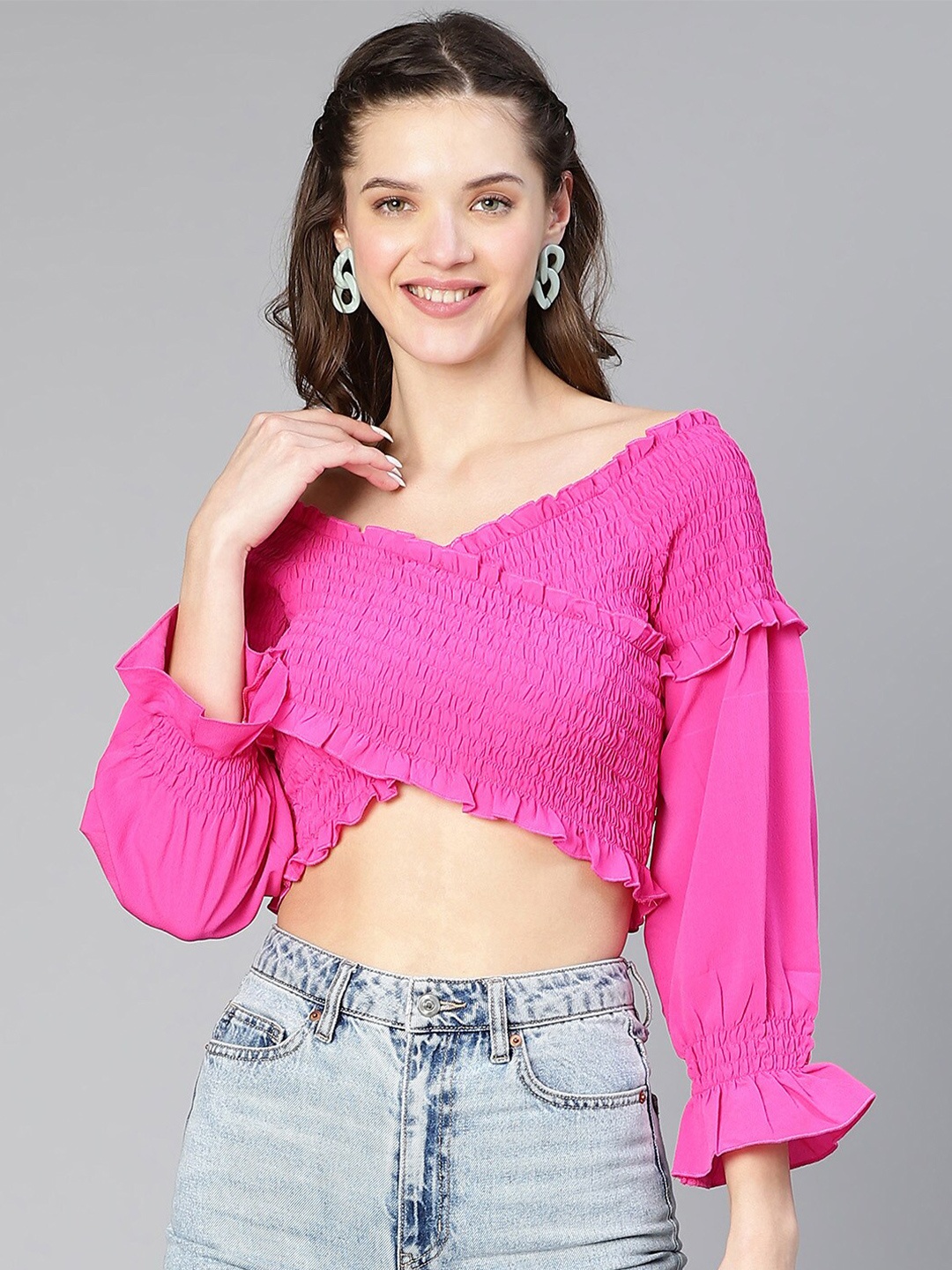 

Oxolloxo Bell Sleeves Solid Smocked Crop Bardot Top, Pink