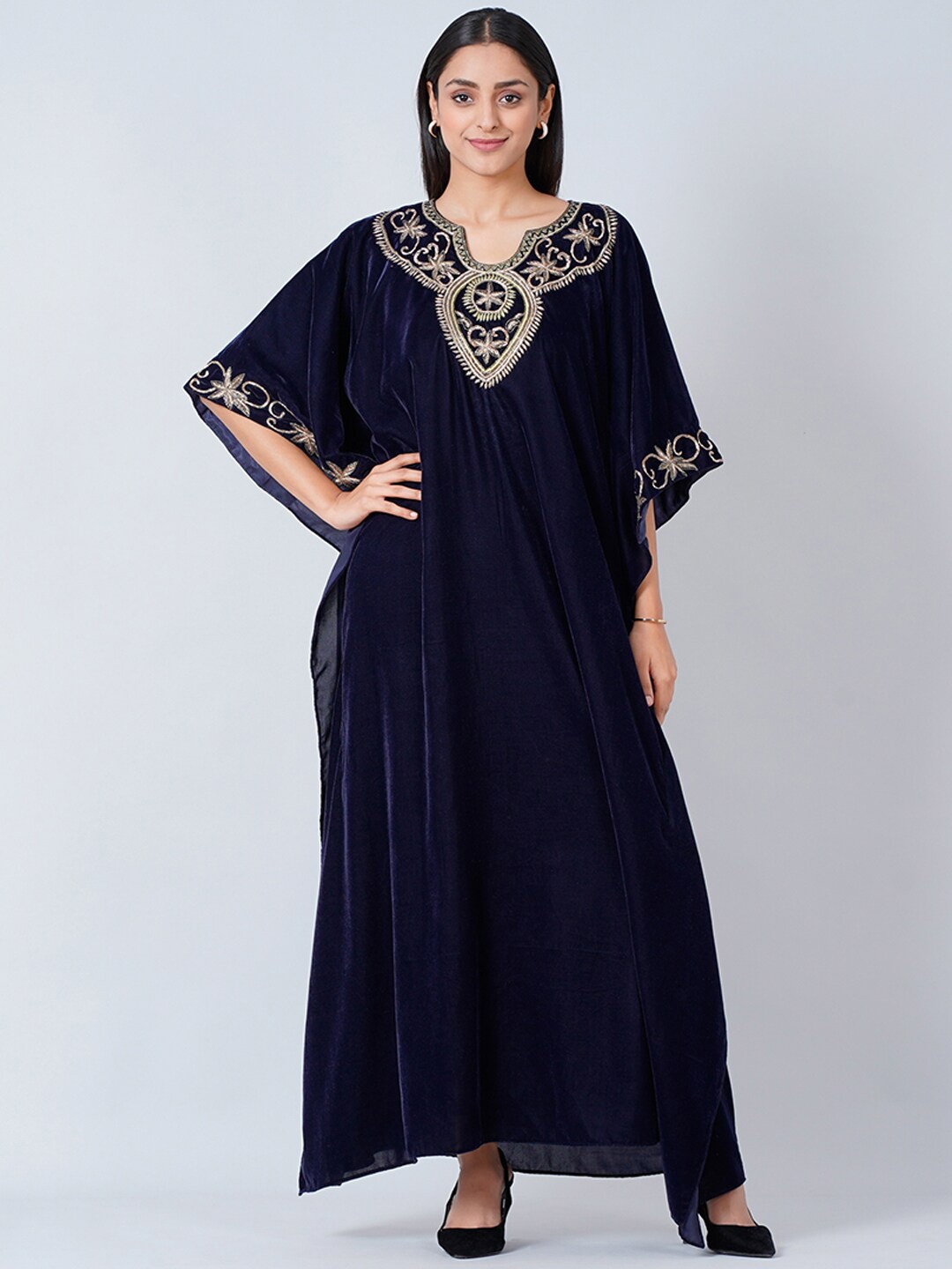 

First Resort by Ramola Bachchan Blue Embellished Cape Sleeve Velvet Maxi Dress