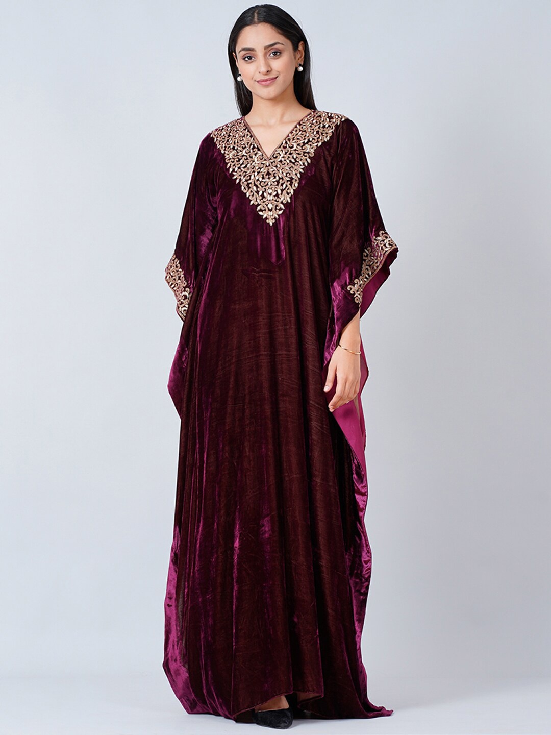 

First Resort by Ramola Bachchan Maroon Embellished Cape Sleeve Velvet Kaftan Maxi Dress