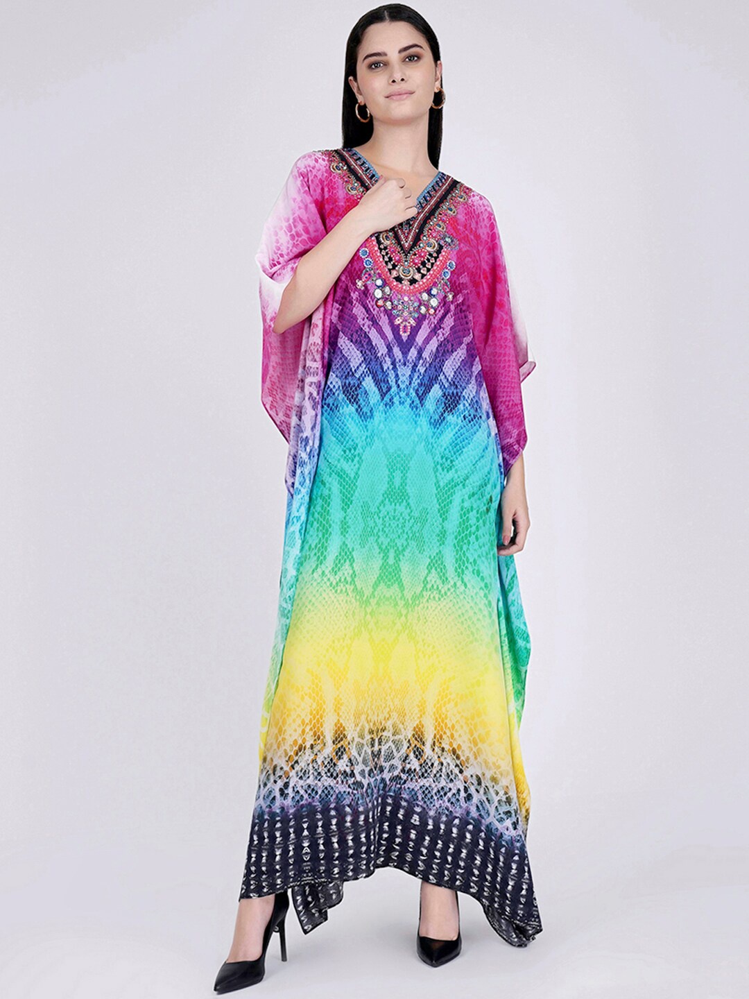 

First Resort by Ramola Bachchan Multicoloured Animal Print Kimono Sleeve Crepe Kaftan Maxi Dress, Multi