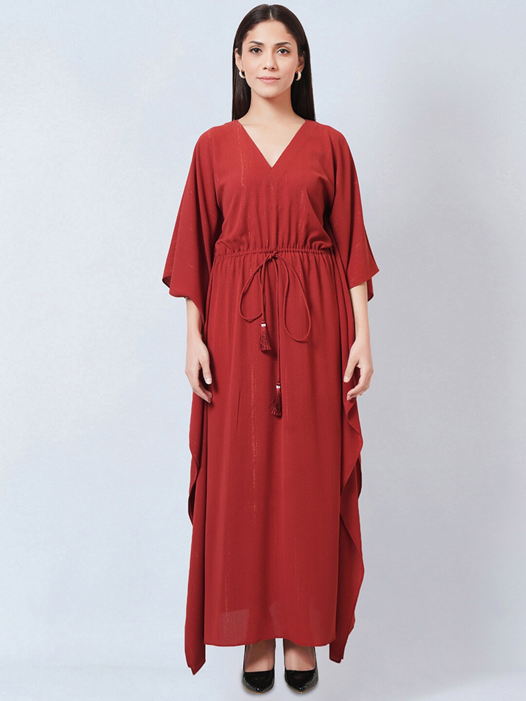 

First Resort by Ramola Bachchan Rust Kimono Sleeve Georgette Kaftan Maxi Dress