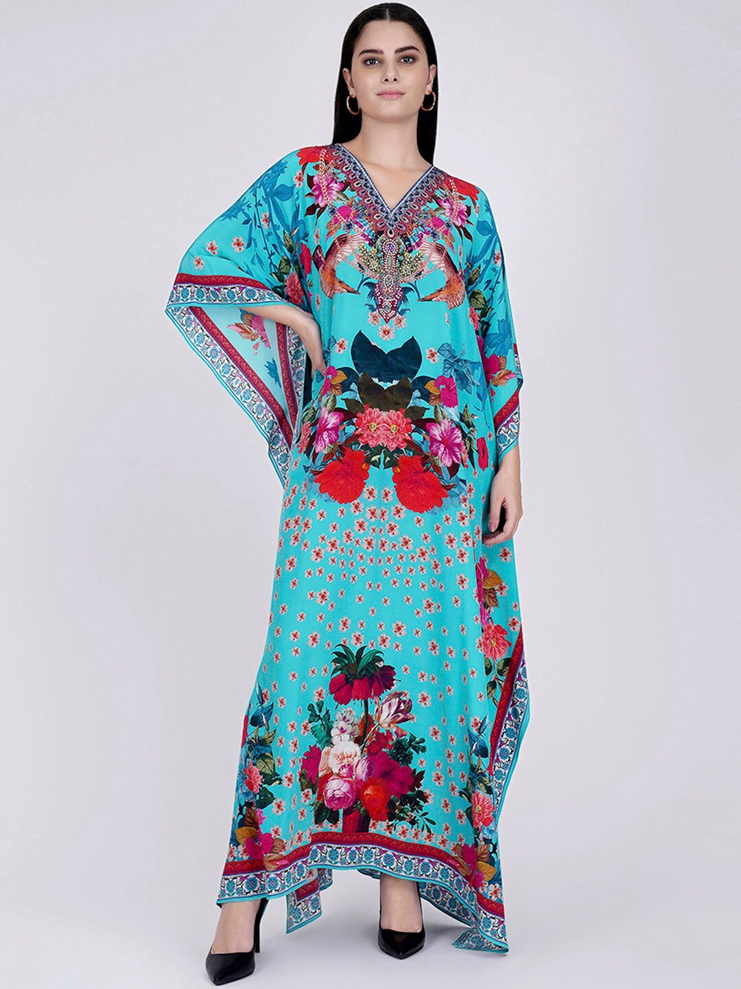 

First Resort by Ramola Bachchan Floral Print Kimono Sleeve Crepe Maxi Dress, Blue