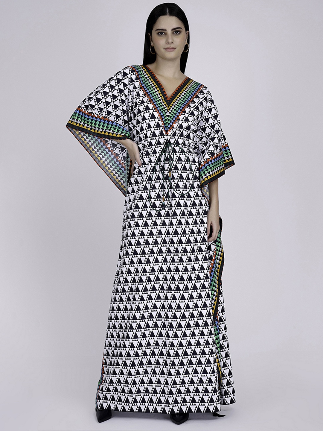 

First Resort by Ramola Bachchan Geometric Printed Tie Up Cotton Kaftan Dress, White