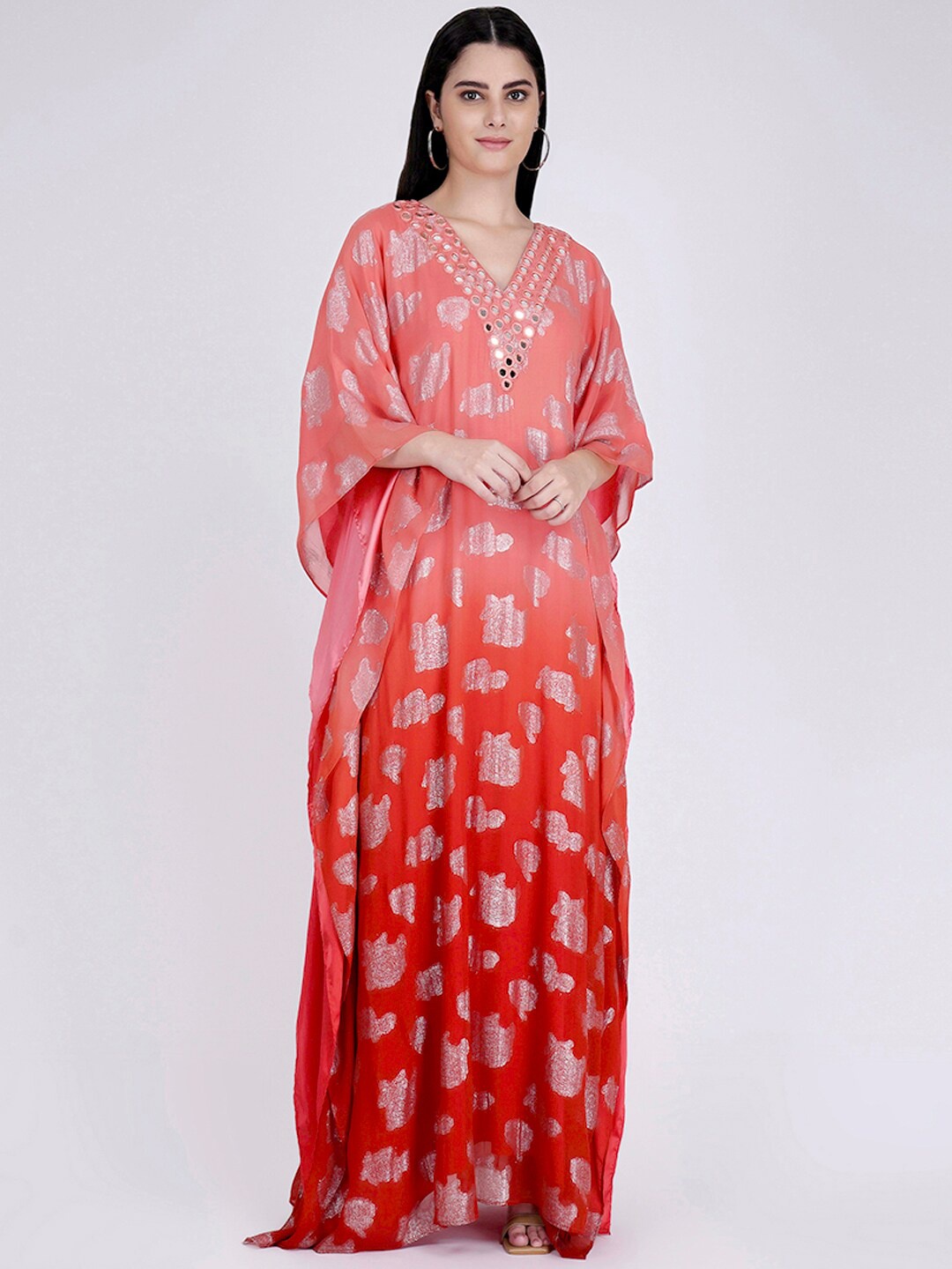 

First Resort by Ramola Bachchan Kimono Sleeve Georgette Maxi Kaftan Dress, Pink