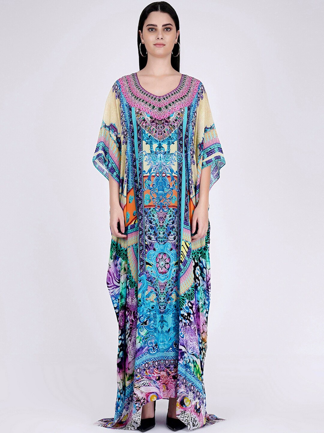 

First Resort by Ramola Bachchan Ethnic Motifs Printed Crepe Kaftan Dress, Blue