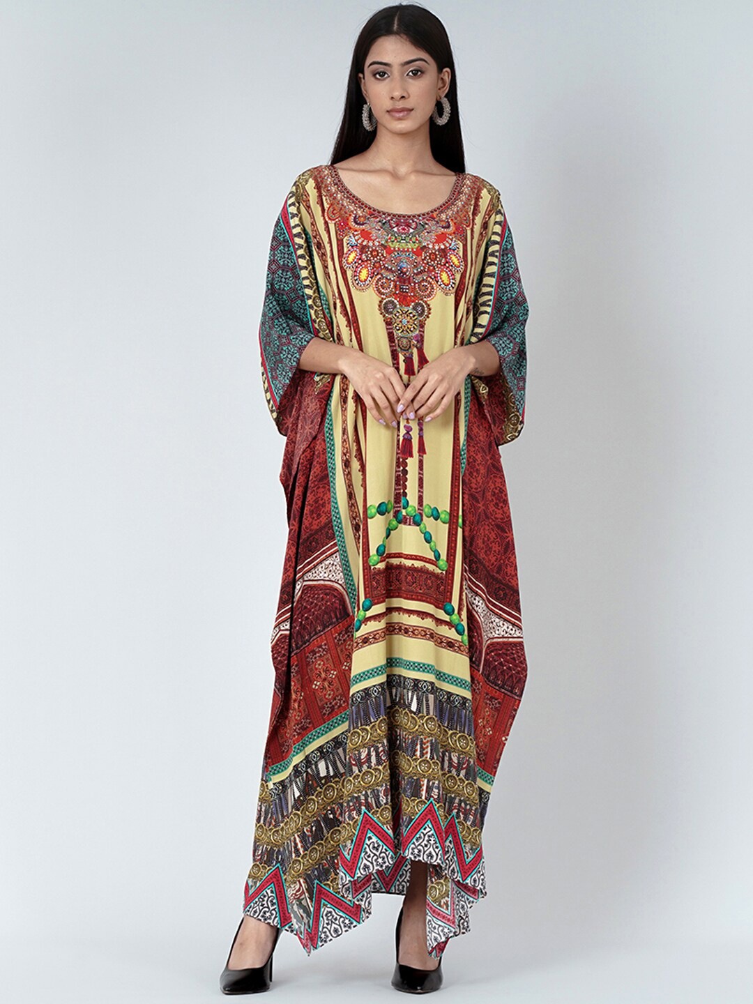 

First Resort by Ramola Bachchan Ethnic Motifs Printed Round Neck Silk Kaftan Maxi Dress, Yellow