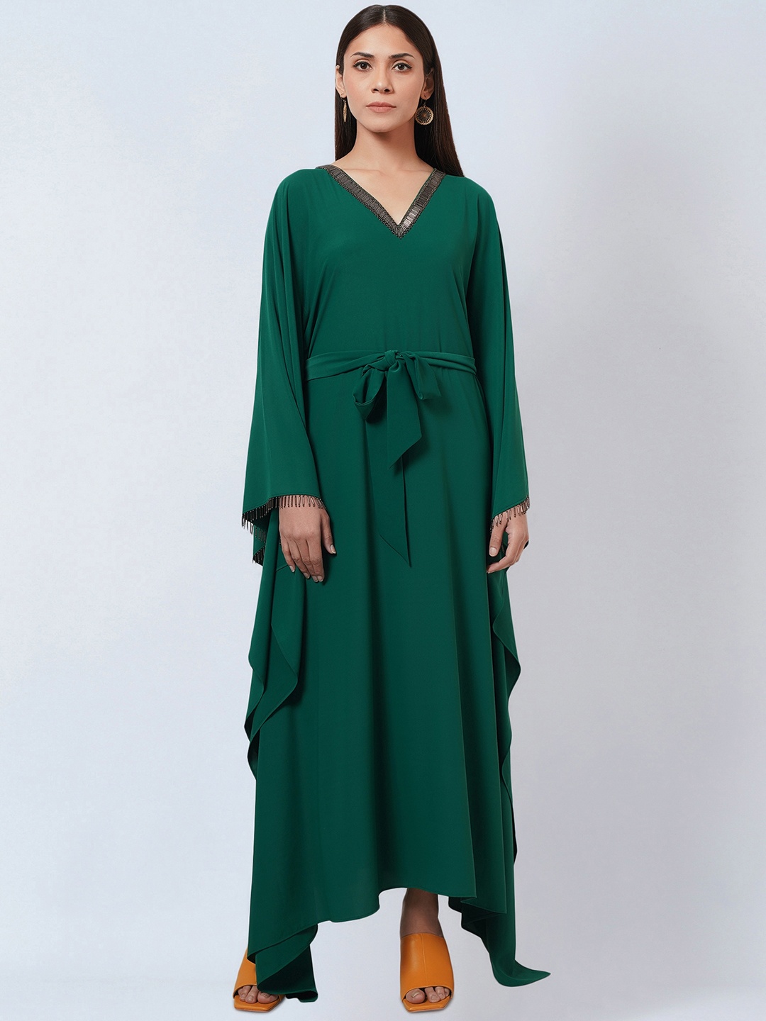 First Resort by Ramola Bachchan V-Neck Long Sleeves Kaftan Maxi Dress With Belt, Green