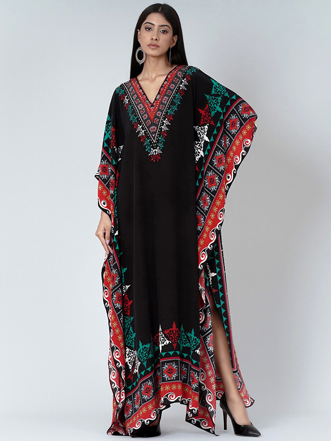 

First Resort by Ramola Bachchan Floral Printed Crepe Kaftan Maxi Dress, Black