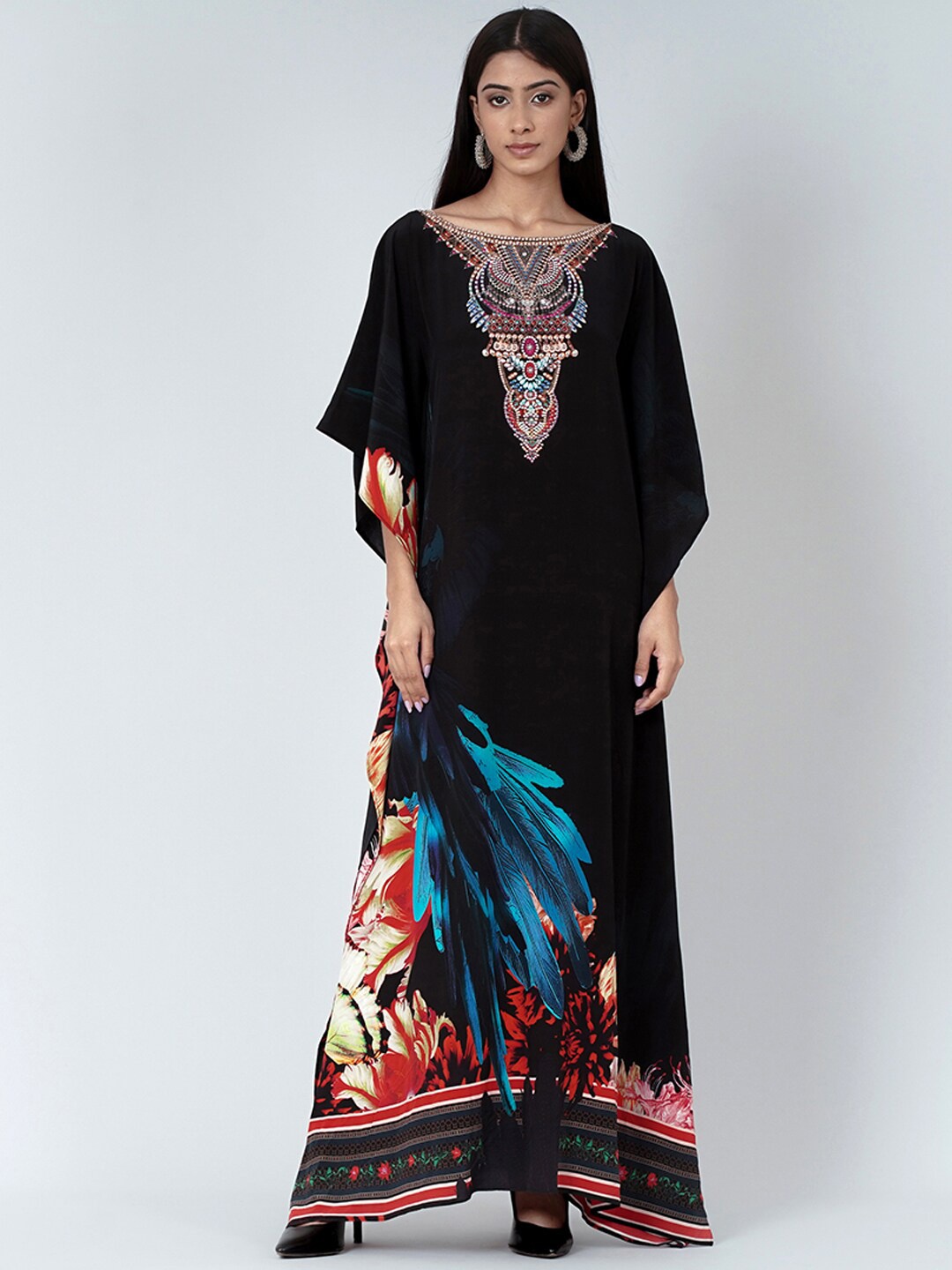 

First Resort by Ramola Bachchan Floral Printed Embellished Crepe Kaftan Maxi Dress, Black