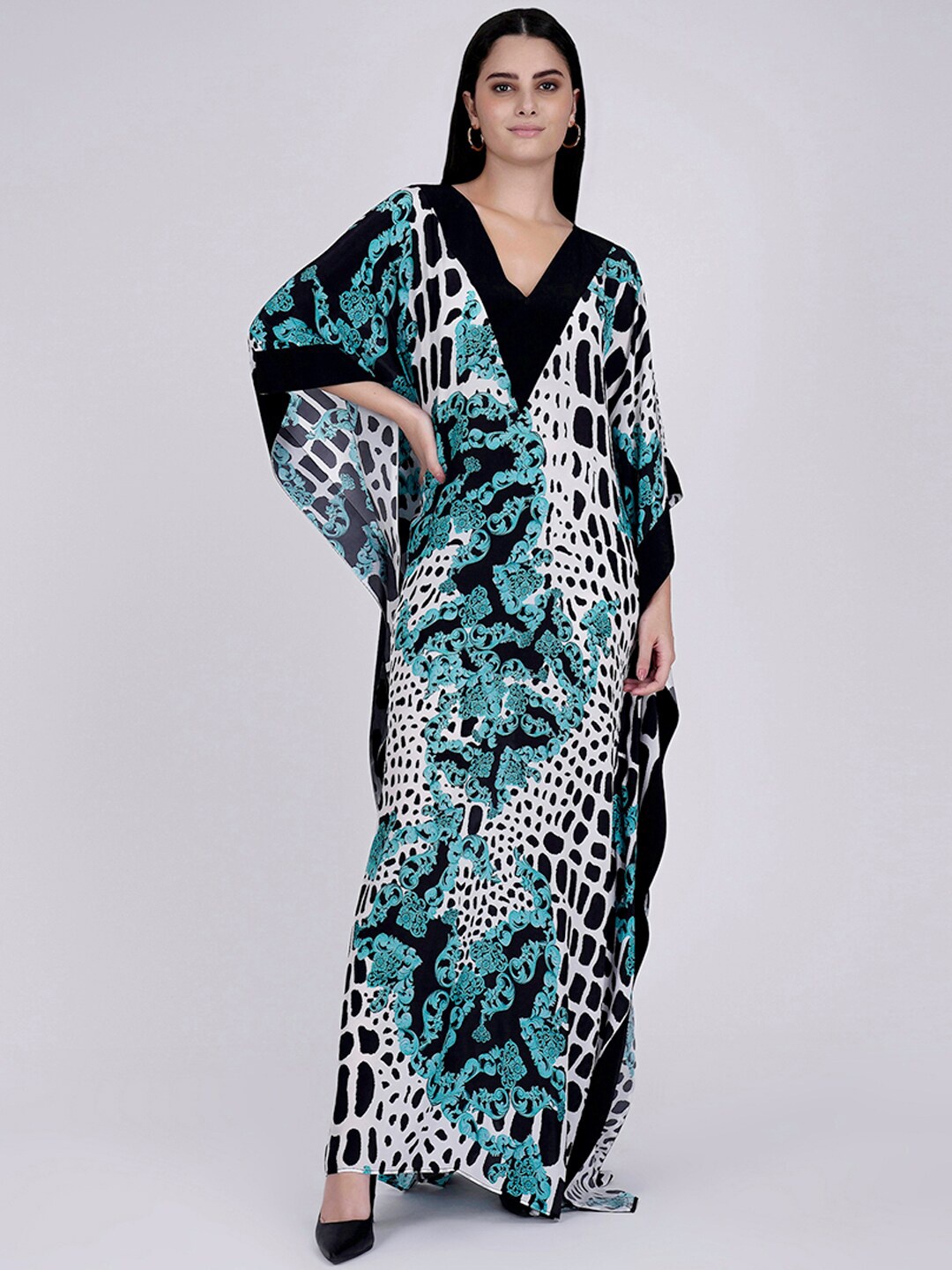 

First Resort by Ramola Bachchan Abstract Printed V-Neck Kaftan Maxi Dress, Blue