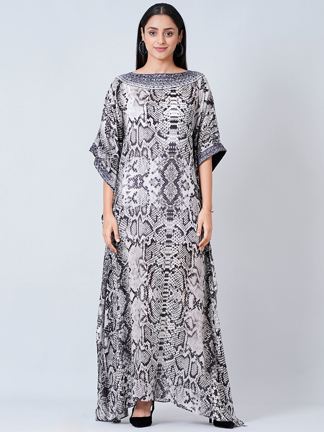 

First Resort by Ramola Bachchan Boat Neck Printed Crepe Kaftan Maxi Dress, Grey