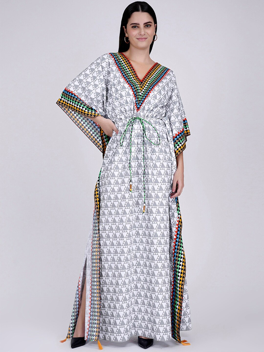

First Resort by Ramola Bachchan Grey Floral Print Kimono Sleeve Maxi Dress