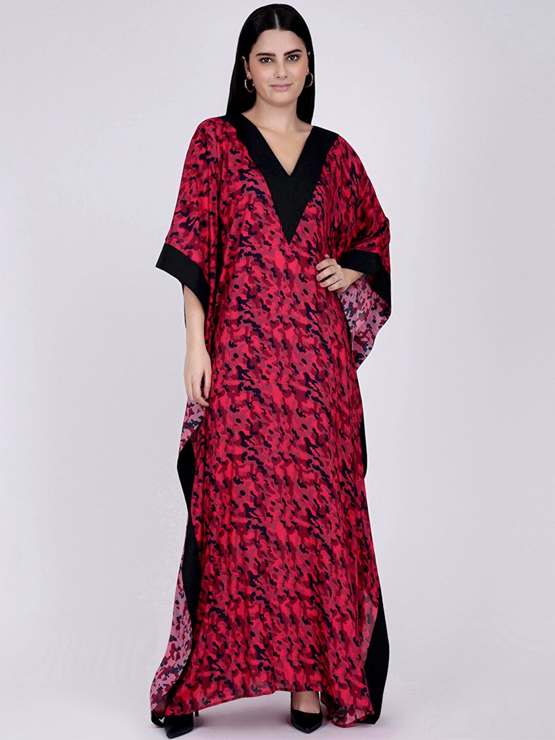 

First Resort by Ramola Bachchan Abstract Printed V-Neck Cotton Kaftan Maxi Dress, Red