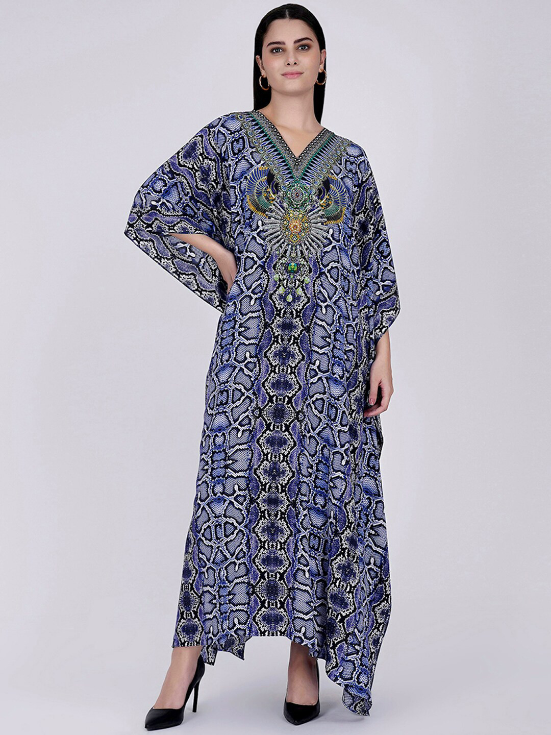 

First Resort by Ramola Bachchan Animal Printed Kimono Sleeve Crepe Kaftan Maxi Dress, Blue
