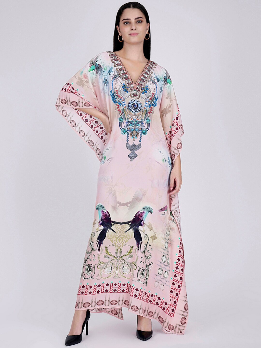 

First Resort by Ramola Bachchan Floral Printed Kimono Sleeve Crepe Kaftan Maxi Dress, Pink