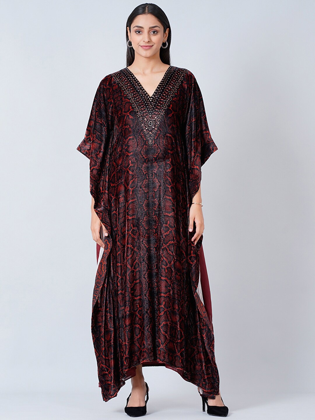 

First Resort by Ramola Bachchan V-Neck Animal Printed Kimono Sleeve Kaftan Maxi Dress, Brown