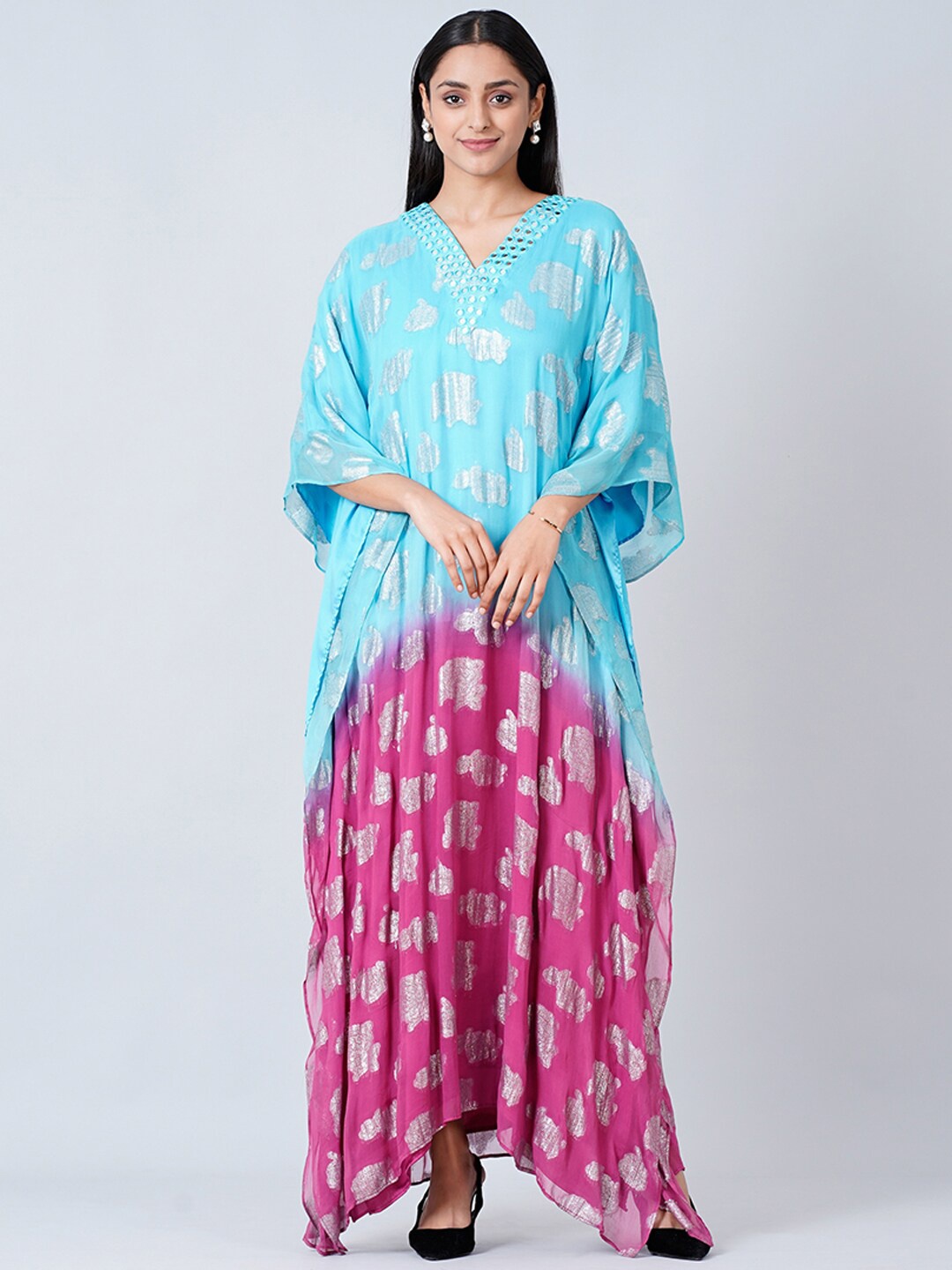 

First Resort by Ramola Bachchan Abstract Printed Ombre Georgette Kaftan Dress, Blue