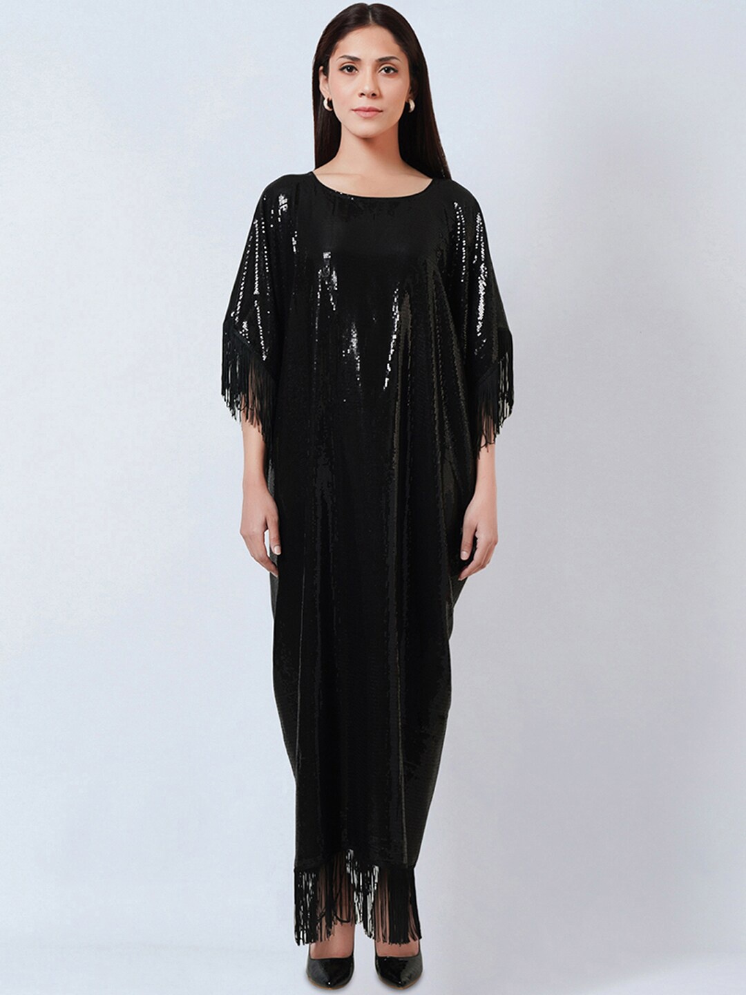 

First Resort by Ramola Bachchan Black Embellished Cape Sleeve Georgette Maxi Dress