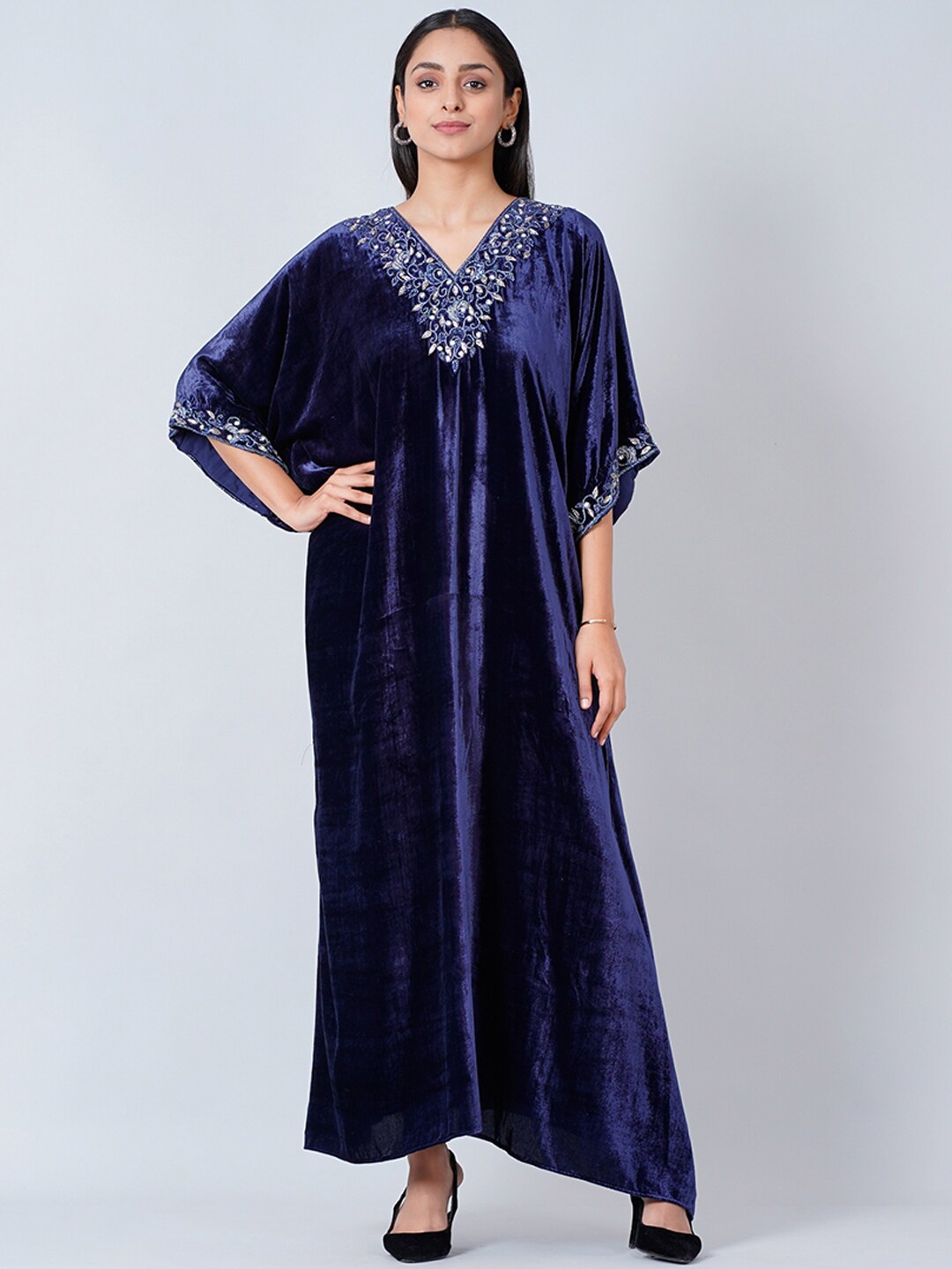 

First Resort by Ramola Bachchan Embellished Kimono Sleeve Velvet Kaftan Midi Dress, Blue