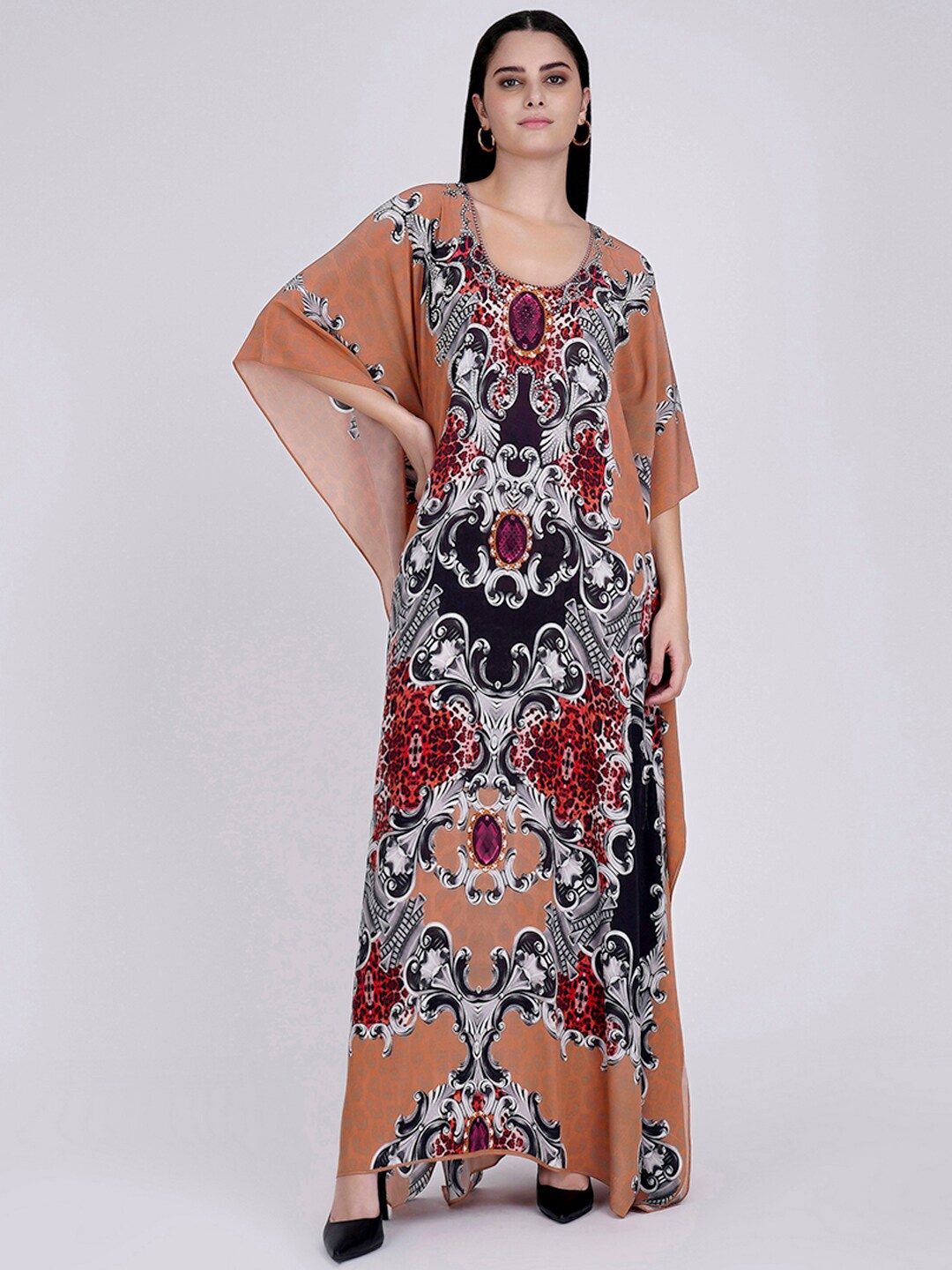 

First Resort by Ramola Bachchan Floral Printed Crepe Kaftan Dress, Beige