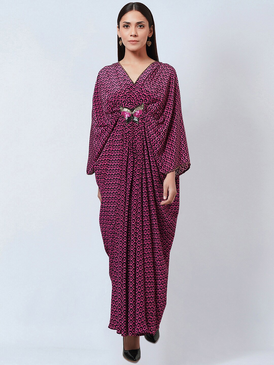 

First Resort by Ramola Bachchan Magenta Print Flared Sleeve Crepe Maxi Dress