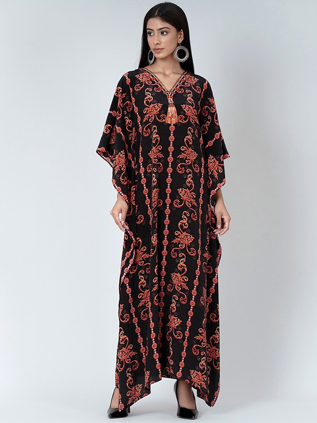 

First Resort by Ramola Bachchan Ethnic Motifs Printed Crepe Kaftan Maxi Dress, Black