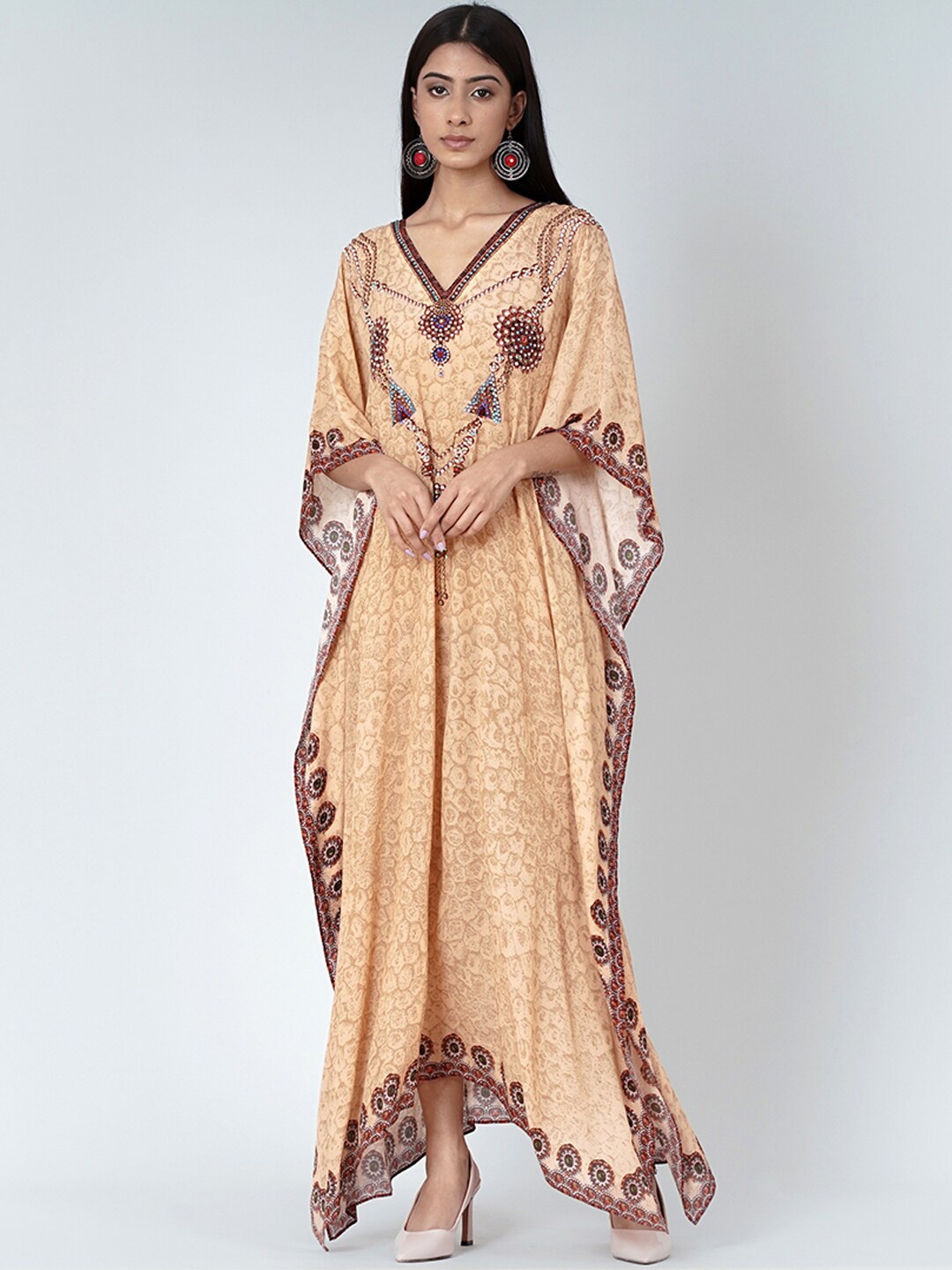 

First Resort by Ramola Bachchan Ethnic Motifs Printed V-Neck Kaftan Maxi Dress, Beige