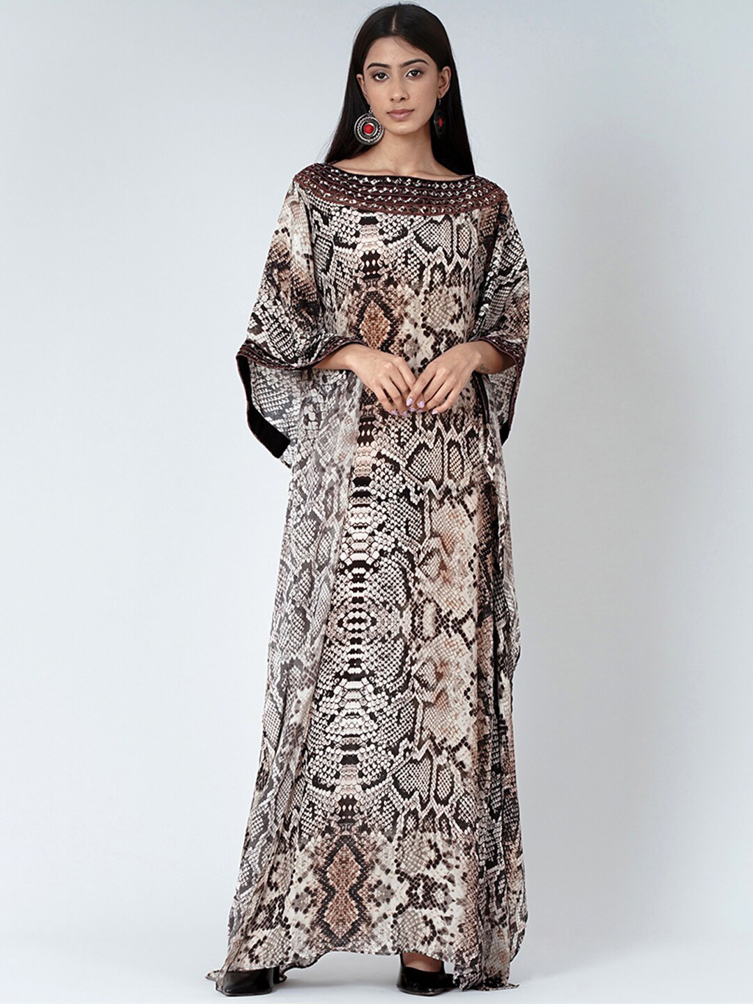 

First Resort by Ramola Bachchan Animal Print Kimono Sleeve Crepe Maxi Dress, Brown