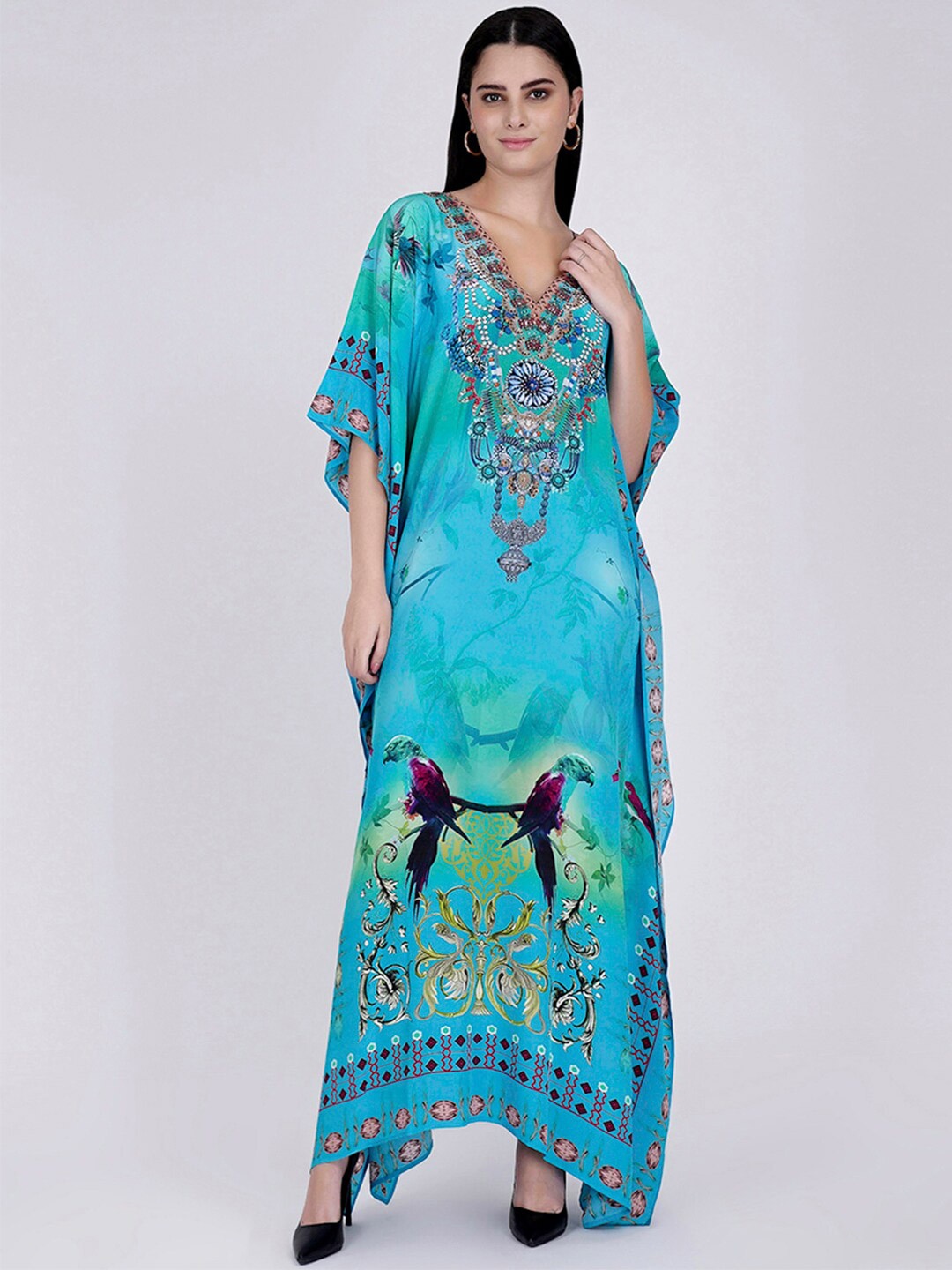 

First Resort by Ramola Bachchan Graphic Printed Flutter Sleeve Crepe Kaftan Maxi Dress, Blue