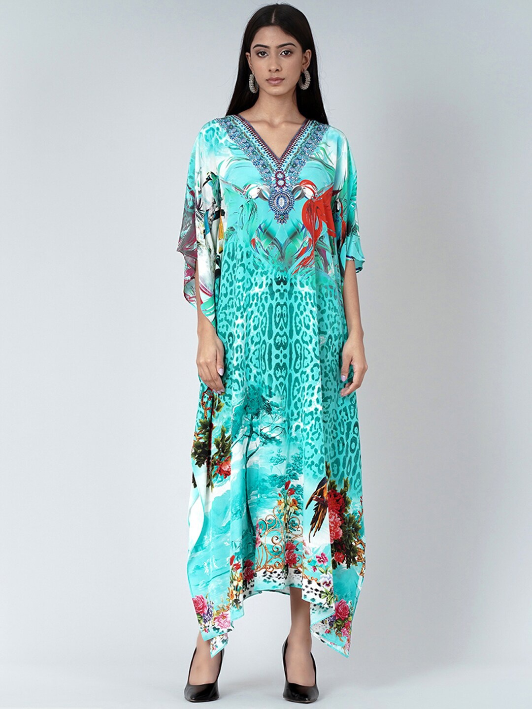

First Resort by Ramola Bachchan Graphic Printed Flared Sleeve Crepe Maxi Kaftan Dress, Turquoise blue