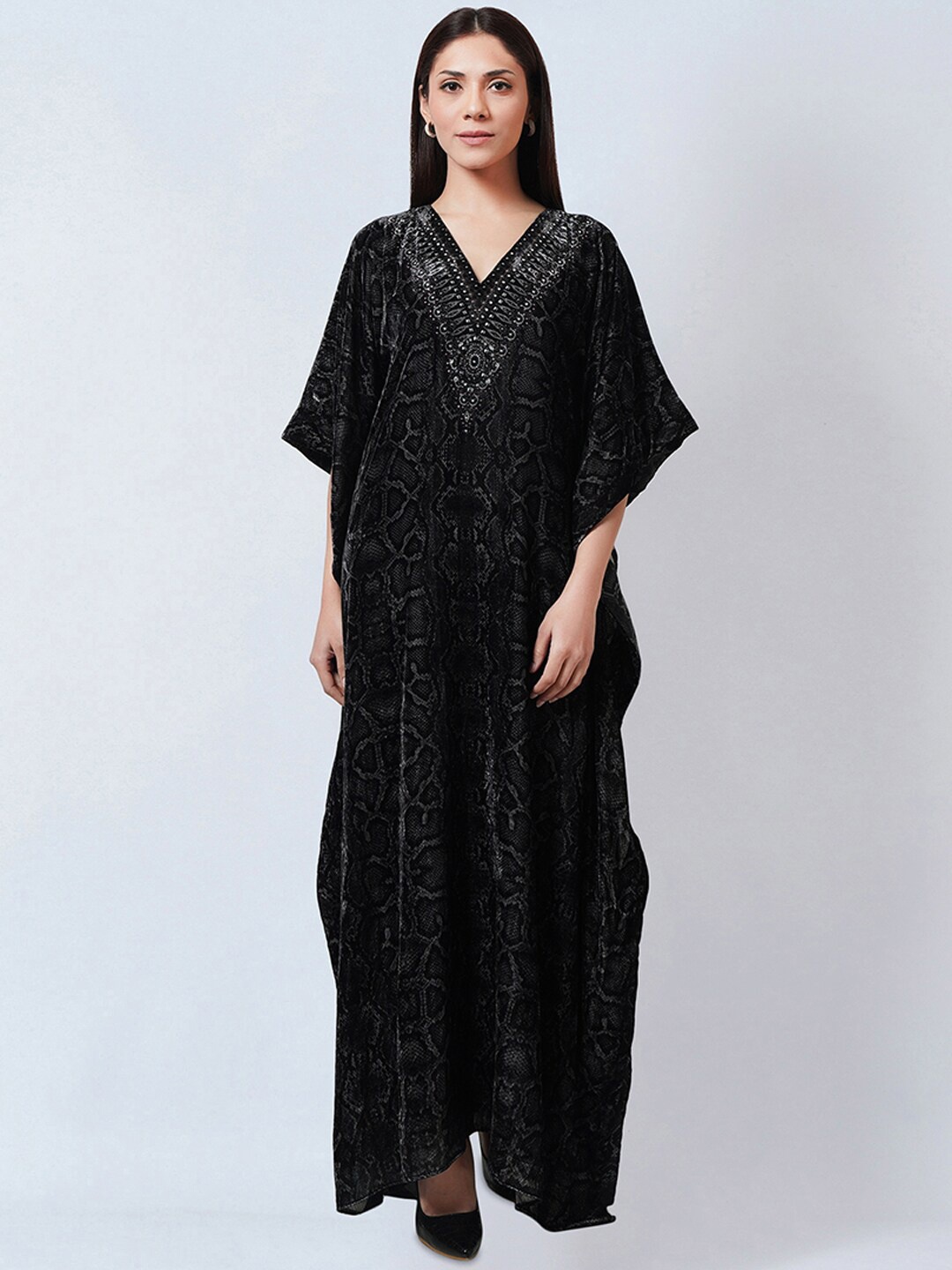 

First Resort by Ramola Bachchan Animal Printed Velvet Maxi Kaftan Dress, Black