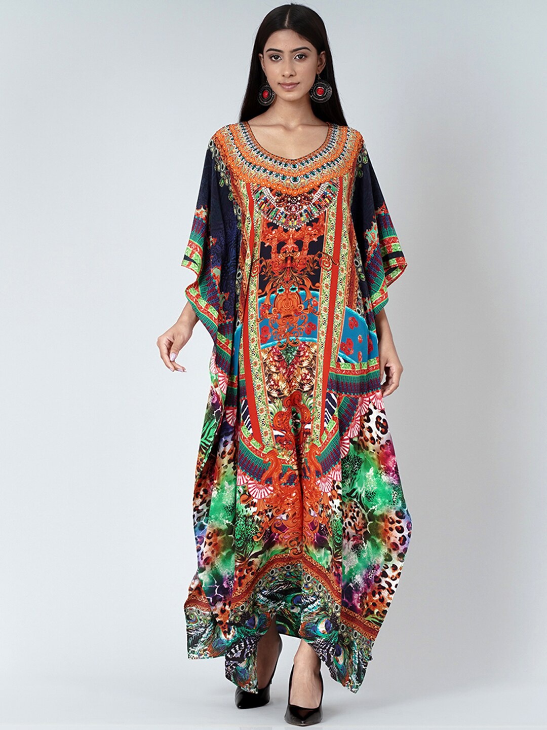 

First Resort by Ramola Bachchan Ethnic Motifs Printed Crepe Kaftan Midi Dress, Black