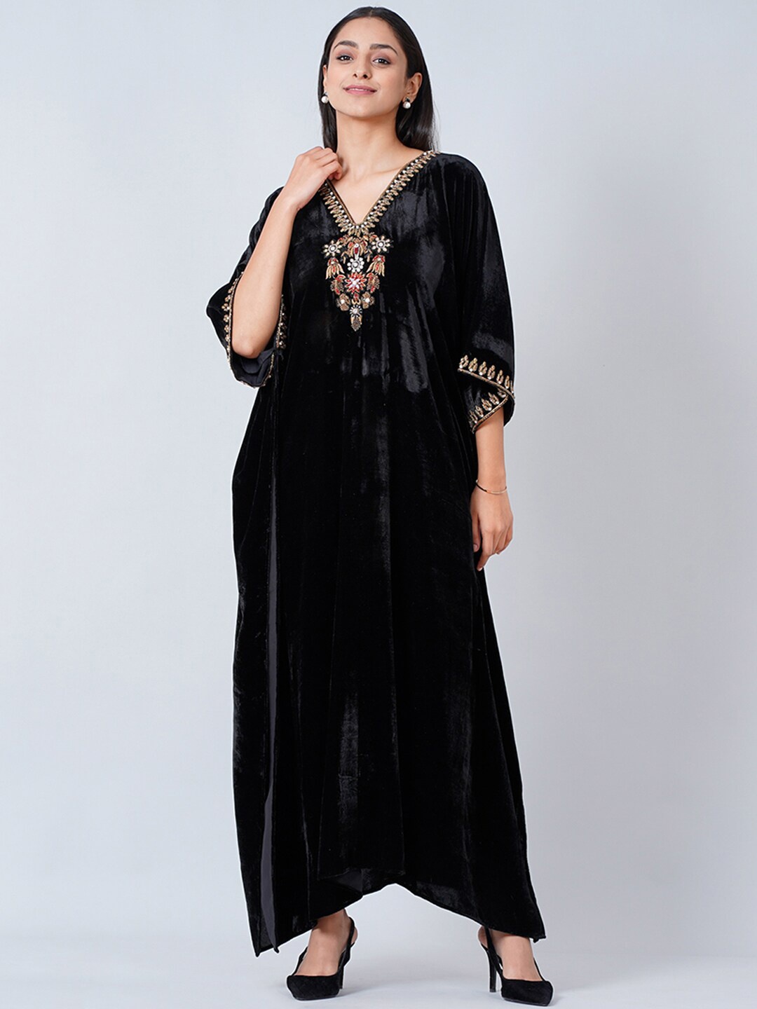 

First Resort by Ramola Bachchan Cape Sleeve Velvet Maxi Kaftan Dress, Black