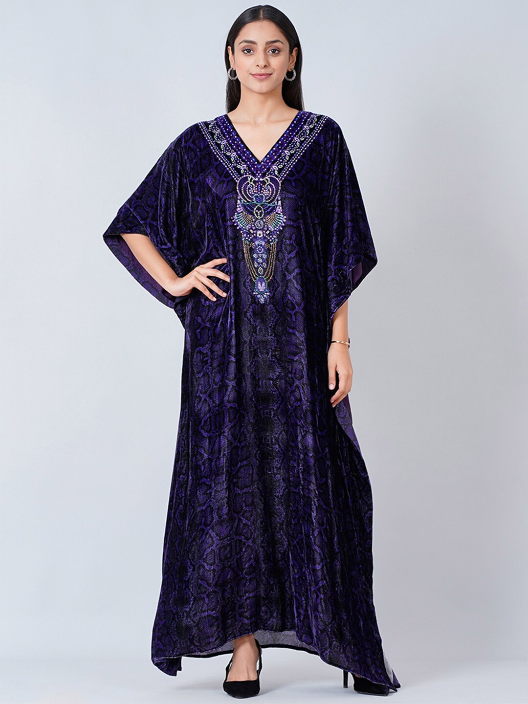 

First Resort by Ramola Bachchan Animal Printed Embellished Velvet Kaftan Midi Dress, Purple