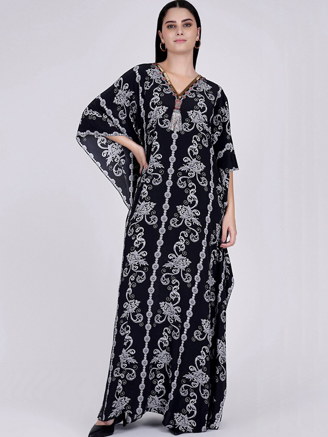 

First Resort by Ramola Bachchan Floral Printed Crepe Kaftan Maxi Dress, Black