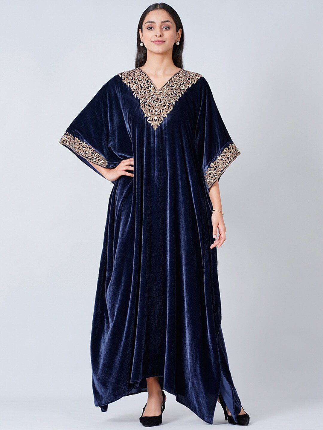 

First Resort by Ramola Bachchan Floral Embroidered V-Neck Silk Velvet Kaftan Maxi Dress, Navy blue