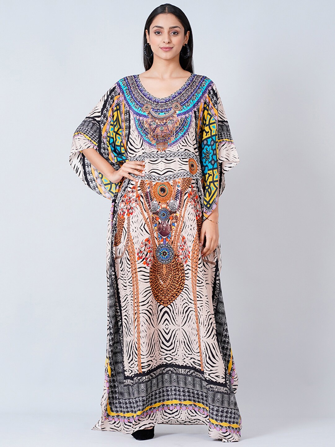 

First Resort by Ramola Bachchan Ethnic Motifs Printed Round Neck Silk Kaftan Maxi Dress, Beige