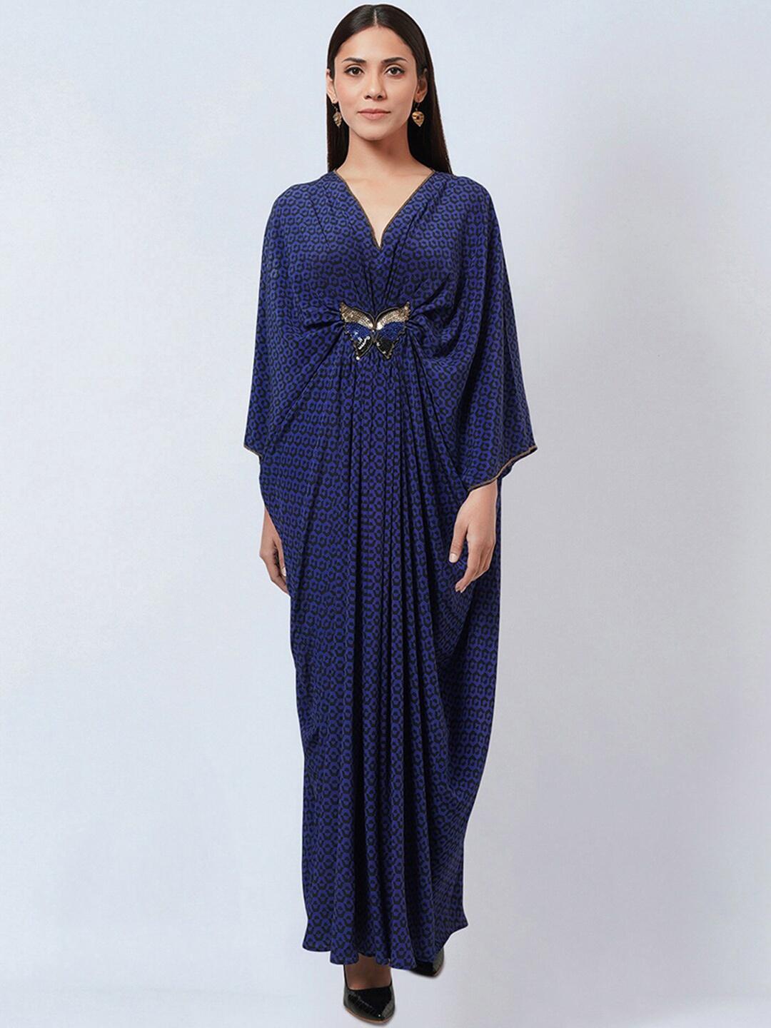 

First Resort by Ramola Bachchan Geometric Printed Embellished Silk Kaftan Maxi Dress, Blue