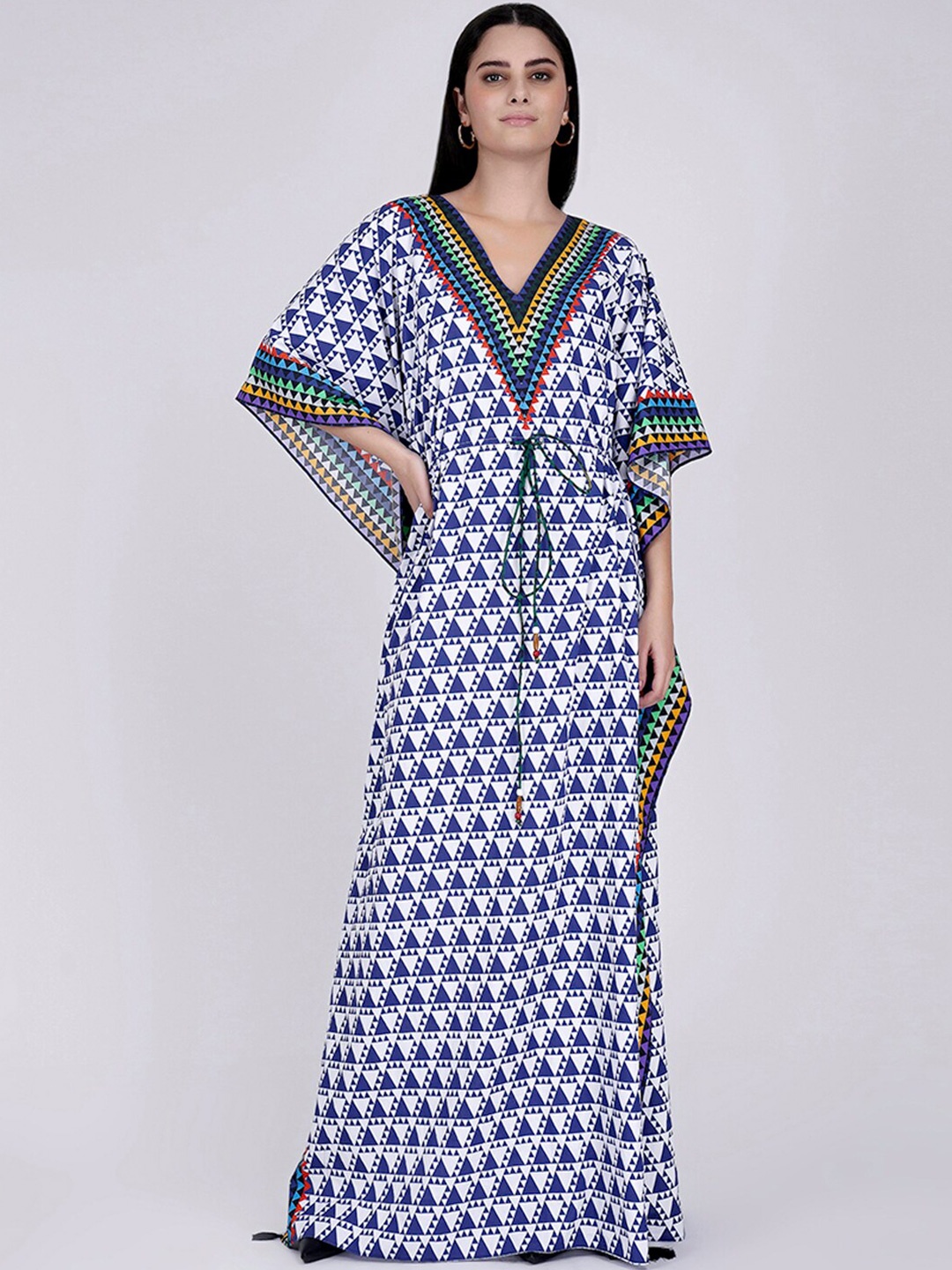 

First Resort by Ramola Bachchan Geometric Printed Flared Sleeve Cotton Kaftan Maxi Dress, Blue